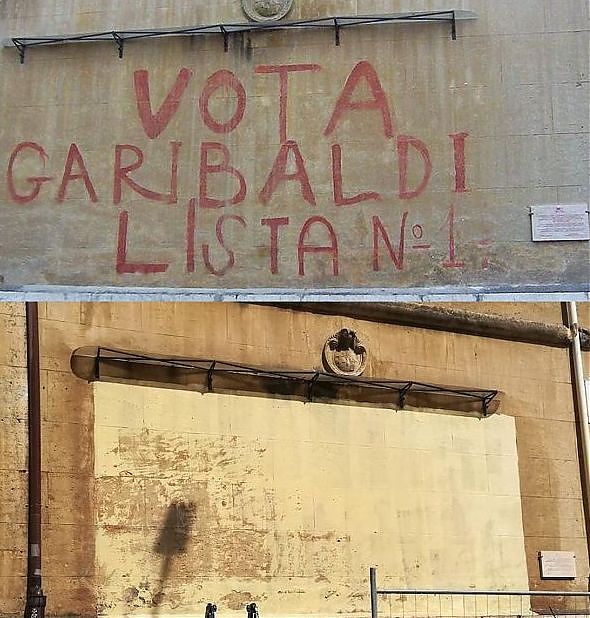 ROMA, CANCELLATA STORICA SCRITTA “VOTA GARIBALDI”