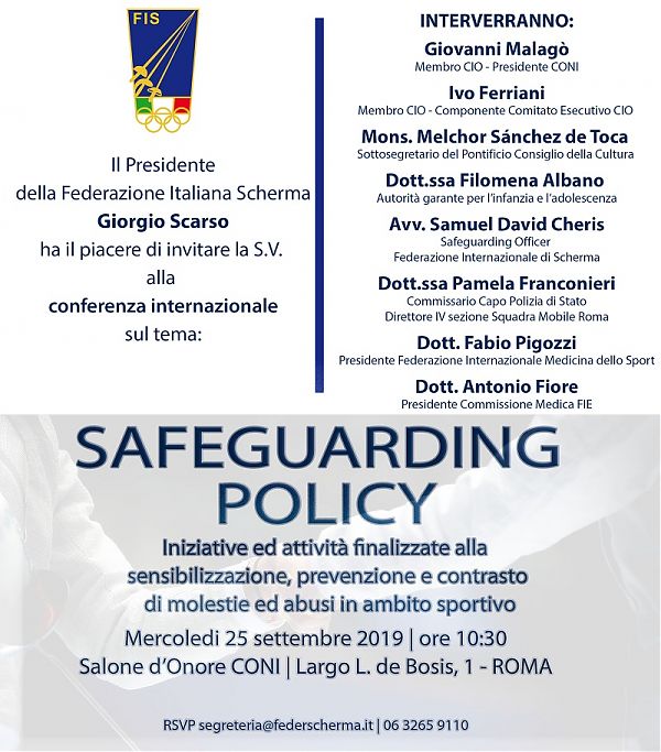 MERCOLEDI’ AL CONI CONVEGNO “SAFEGUARDING POLICY”