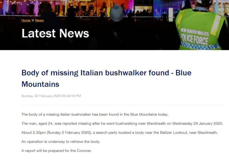 AUSTRALIA, TROVATO MORTO 24ENNE DI CESENATICO