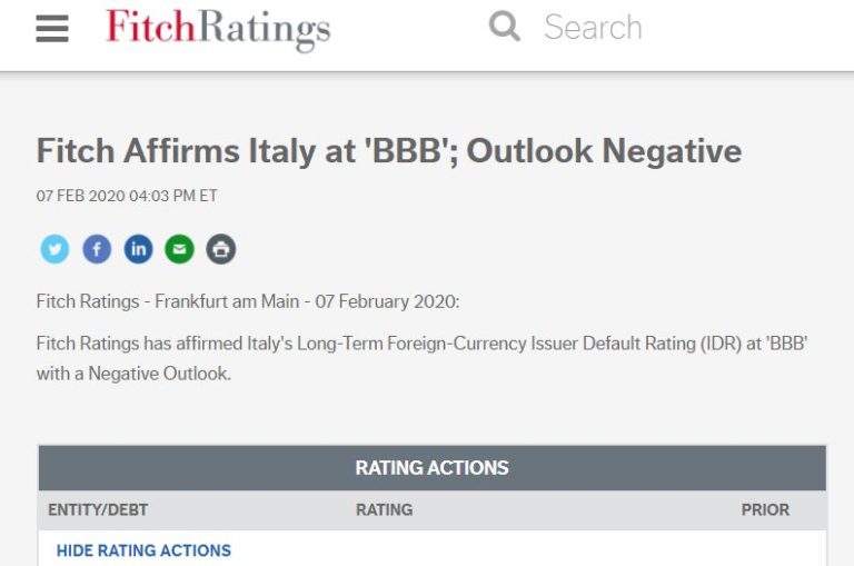 Fitch conferma rating Italia a BBB, outlook negativo