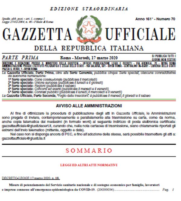 Dl Cura Italia in Gazzetta Ufficiale, e’ in vigore