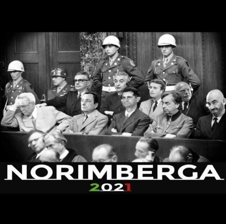 Dai No Vax Norimberga con volti Mattarella, Draghi e virologi