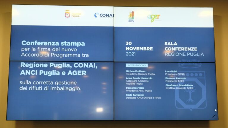 Rifiuti da imballaggio, in Puglia intesa Regione-Conai-Ager-Anci