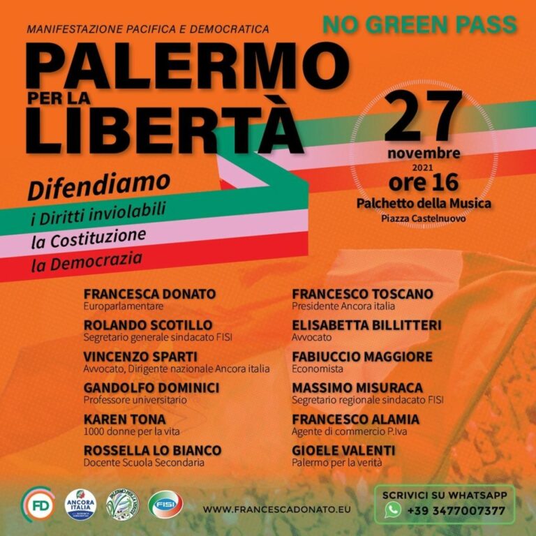 “Palermo per la libertà”, manifestazione pacifica contro il Green Pass