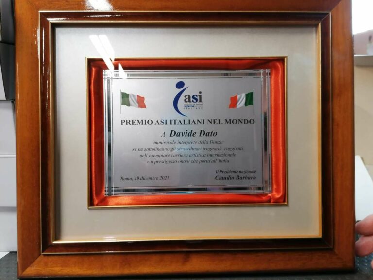 Davide Dato vince “Premio Italiani nel Mondo” dell’Asi
