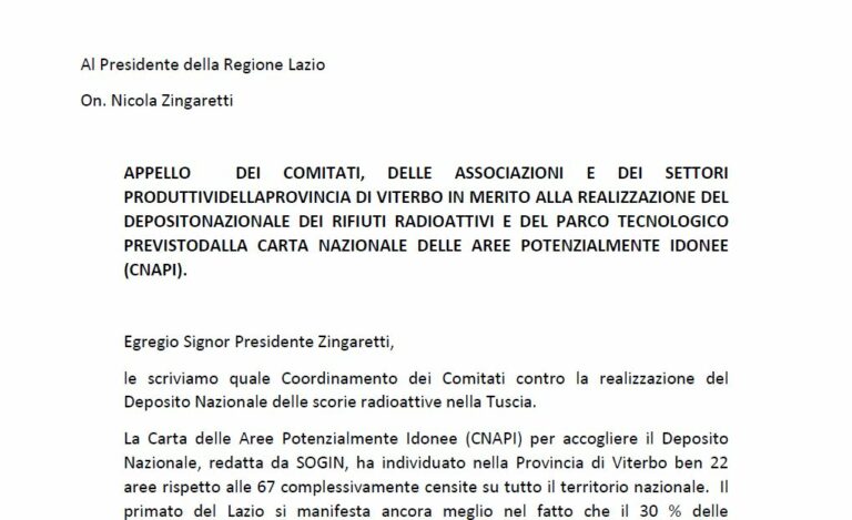 Rifiuti pericolosi, lettera dei Comitati della Tuscia a Zingaretti