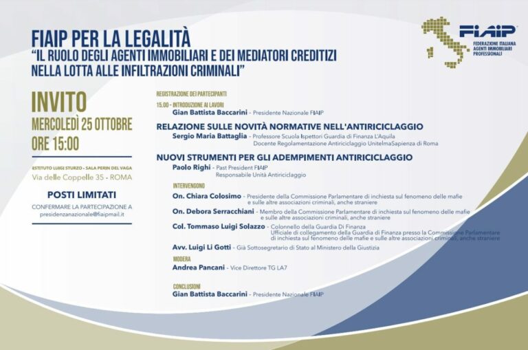 A Roma il 25 ottobre convegno “Fiaip per la legalità”