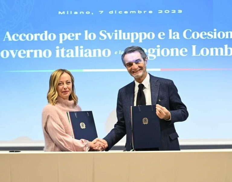 Meloni e Fontana firmano l’Accordo di Coesione per la Lombardia