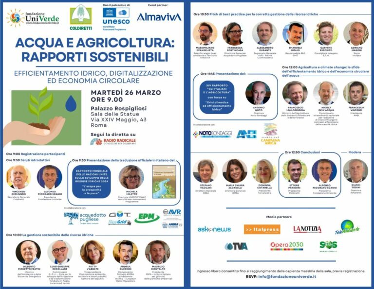 “Acqua e Agricoltura: rapporti sostenibili”, il 26 marzo convegno a Roma