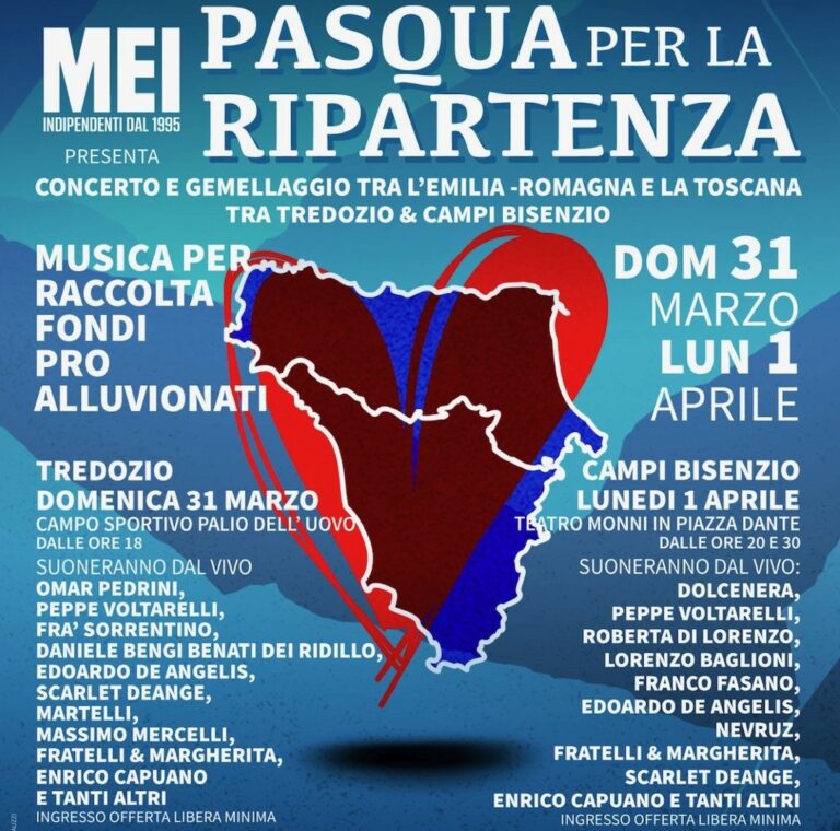 Alluvione. Pedrini, Dolcenera e altri 20 artisti per “Pasqua ripartenza”