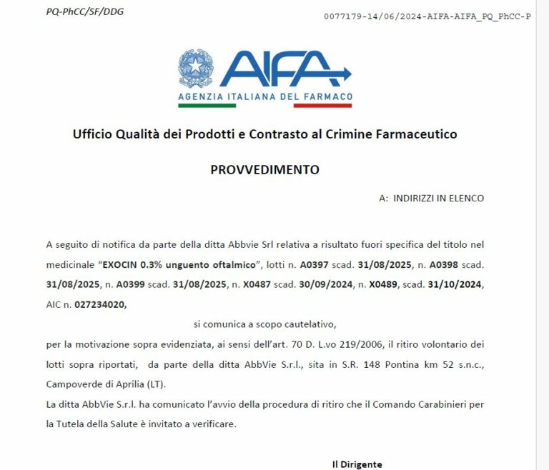 AbbVie ritira alcuni lotti del farmaco oftalmico Exocin